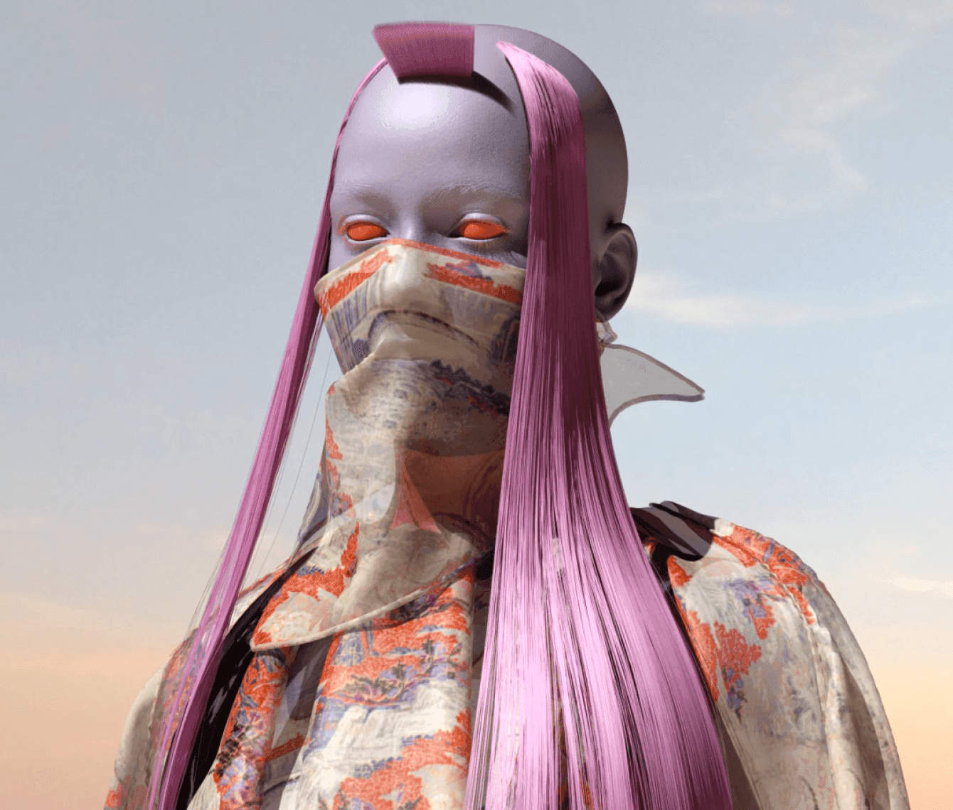 a woman with long pink hair and a mask